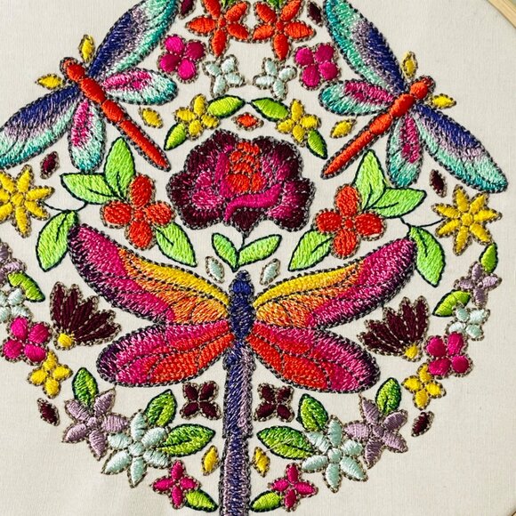 Dragonfly Art Wall Hanging Embroidered Hoop Framed 8" Set of 2 Handmade New - Picture 2 of 11